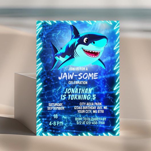 Invitation Cute Shark Neon Glow Blue Pool Party Boys Annivers