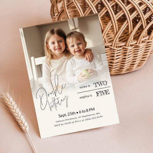 Invitation Cute Sibling Photo Double Birthday Celebration
