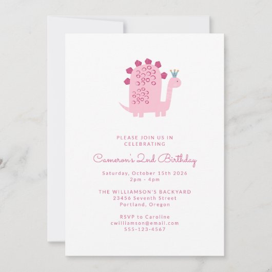 Invitation Cute Simple Pink Dinosaur 2e anniversaire (Devant)