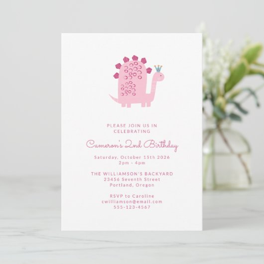 Invitation Cute Simple Pink Dinosaur 2e anniversaire (Debout devant)