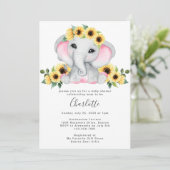 Invitation Cute Simple Sunflower Elephant Baby Girl Douche (Debout devant)