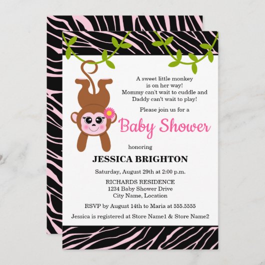 Invitation Cute singe Zebra Stripes Baby shower (Devant / Derrière)