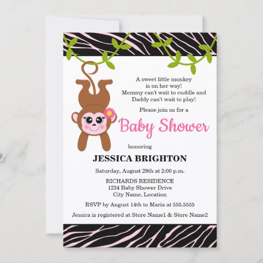 Invitation Cute singe Zebra Stripes Baby shower (Devant)