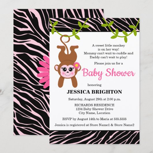 Invitation Cute singe Zebra Stripes Baby shower (Devant / Derrière)