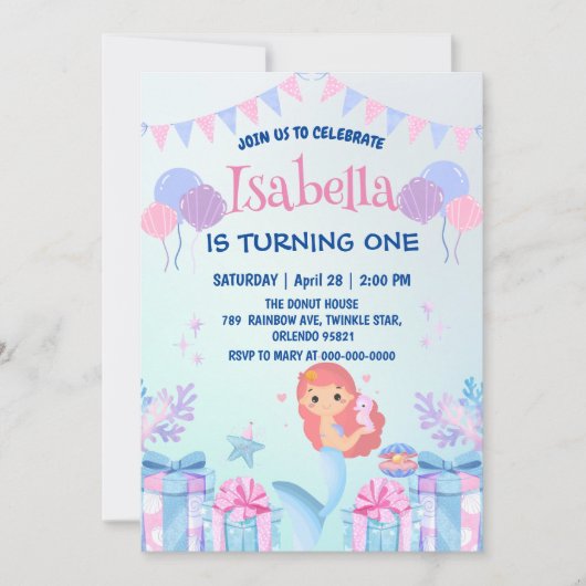 Invitation Cute Sirène Arc-en-ciel Aquarelle fête d'anniversa (Devant)