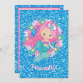 Invitation Cute sirène rose Parties scintillant bleue personn (Devant / Derrière)