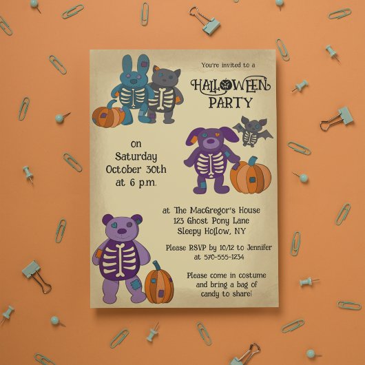 Invitation Cute Skeleton Animaux et fête d'Halloween Citrouil