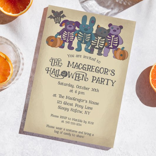 Invitation Cute Skeleton Animaux et fête d'Halloween Citrouil