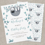 Invitation Cute Sloth First Birthday Party<br><div class="desc">Cute and whimsical watercolor sloth gender neutral first birthday party invitation. Back features a matching sloth pattern for an extra helping of cuteness.
Customise the text to suit your celebration.
Original art by Nic Squirrell</div>