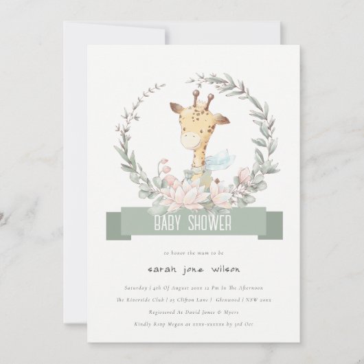 Invitation Cute Soft Safari Giraffe Baby shower fleuri de cou (Devant)
