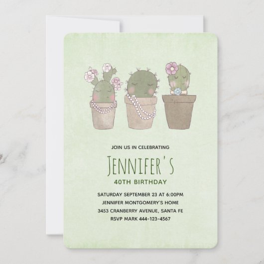 Invitation Cute souriant Cactus Trio Aquarelle Anniversaire (Devant)