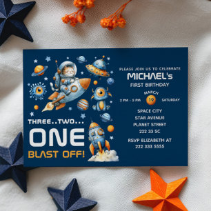 Invitation Cute Space Astronaut Cat Blast Off 1er Anniversair