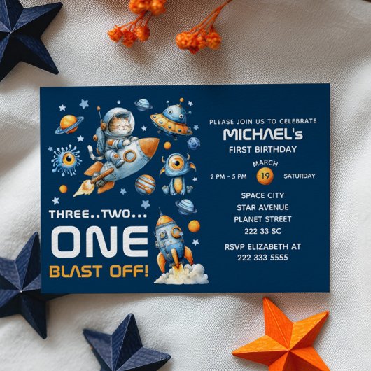Invitation Cute Space Astronaut Cat Blast Off 1st Birthday