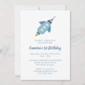 Invitation Cute Space Rocket Ship Blue 1ère fête d'anniversai (Devant)