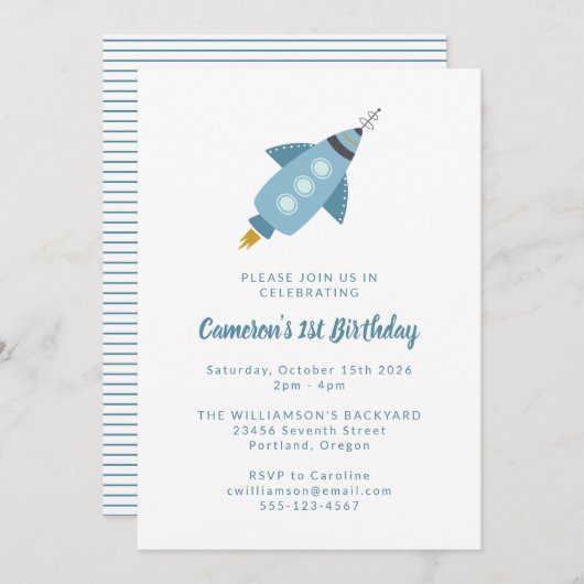 Invitation Cute Space Rocket Ship Blue 1ère fête d'anniversai (Devant / Derrière)