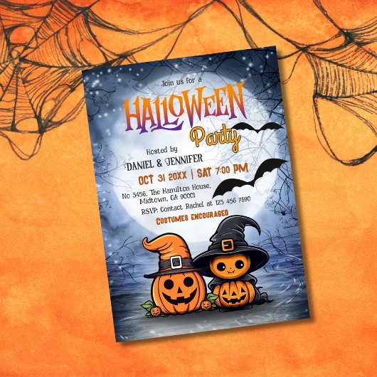Invitation Cute Spooky Pumpkin Witch Hat moon Halloween Party