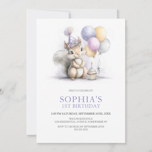 Invitation Cute Squirrel 1st Birthday Party (Devant)