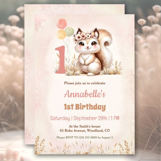 Invitation Cute Squirrel Woodland Boho Girl 1er anniversaire