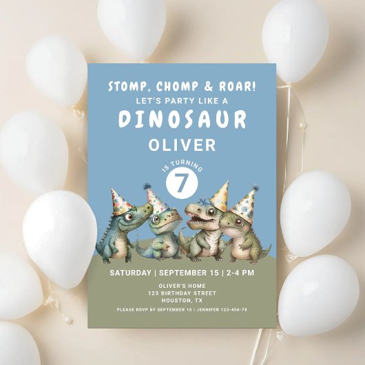 Invitation Cute Stomp, Chomp et Roar Dinosaur 7e anniversaire