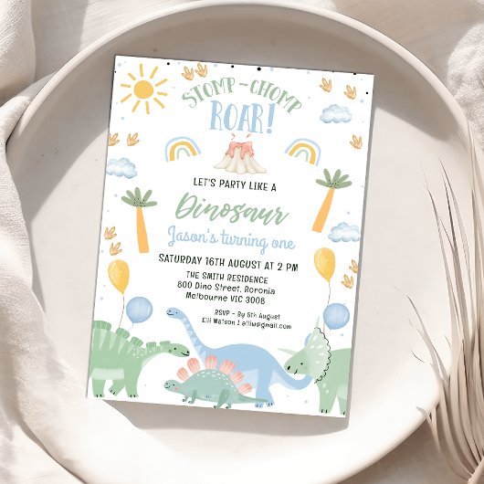 Invitation Cute Stomp Chomp Roar Dinosaur 1er anniversaire