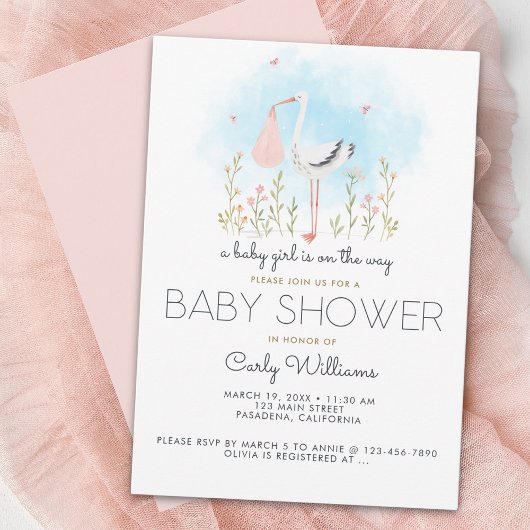 Invitation Cute Stork Baby shower fille bébé