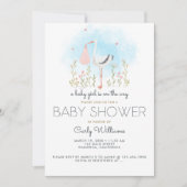 Invitation Cute Stork Baby shower fille bébé (Devant)