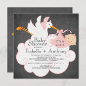 Invitation Cute Stork Chalkboard Gir Baby Douche (Devant / Derrière)