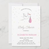 Invitation Cute Stork Girl Stars Baby shower (Devant)