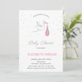 Invitation Cute Stork Girl Stars Baby shower (Debout devant)
