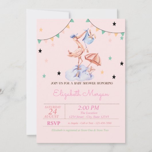 Invitation Cute Stork Petit Lapin Baby shower (Devant)