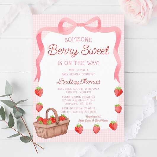 Invitation Cute Strawberry Bow Girl Baby Shower