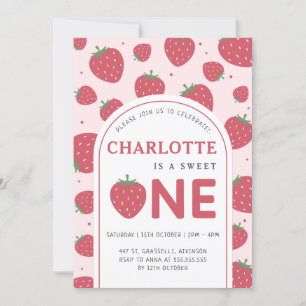 Invitation Cute sucré fraise 1er anniversaire fête rose