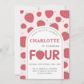 Invitation Cute sucrée fraise 4e anniversaire fête rose (Devant)