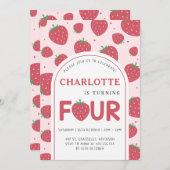 Invitation Cute sucrée fraise 4e anniversaire fête rose (Devant / Derrière)