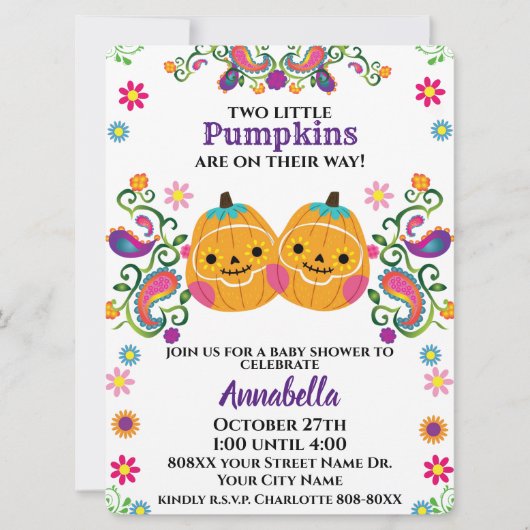 Invitation Cute Sugar Crâne Citrouille Halloween Baby Twins (Devant)