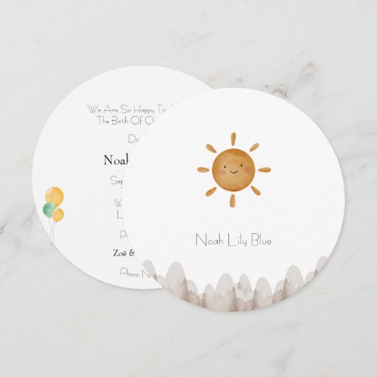 Invitation Cute Sun Mountains Baby Announcement Card (Devant / Derrière)