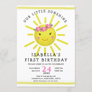Invitation Cute Sunshine Jaune 1ère fête d'anniversaire