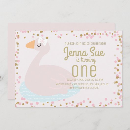 Invitation Cute Swan Rose Bow Confetti Filles Anniversaire (Devant / Derrière)