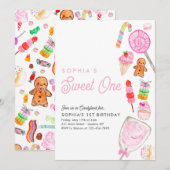 Invitation Cute SWEET ONE Candy Kids Candyland 1er anniversai (Devant / Derrière)