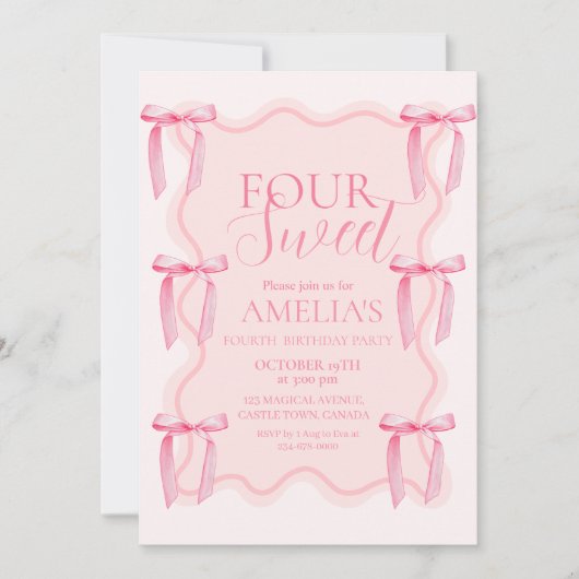 Invitation Cute Sweet Rose Bow 4e fête d'anniversaire (Devant)