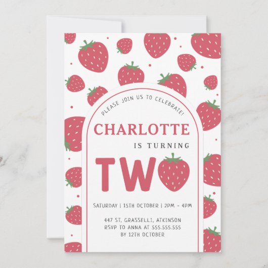 Invitation Cute Sweet Strawberry 2e fête d'anniversaire (Devant)