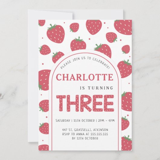 Invitation Cute Sweet Strawberry 3e fête d'anniversaire (Devant)