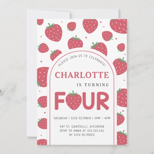 Invitation Cute Sweet Strawberry 4e fête d'anniversaire (Devant)