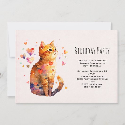 Invitation Cute Tabby Chat avec Coeurs Anniversaire (Devant)