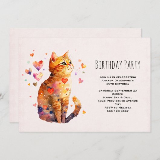 Invitation Cute Tabby Chat avec Coeurs Anniversaire (Devant / Derrière)