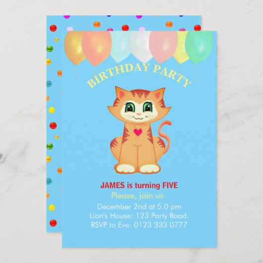 Invitation Cute Tabby Chat, Ballons et Confetti Anniversaire (Devant / Derrière)