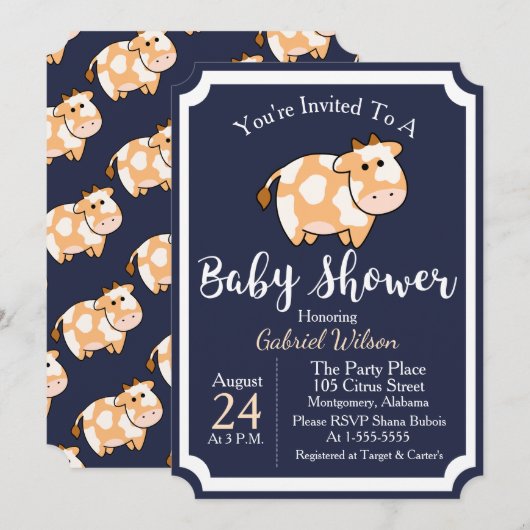 Invitation Cute Tan Baby Vache Veau et Baby shower bleu foncé (Devant / Derrière)