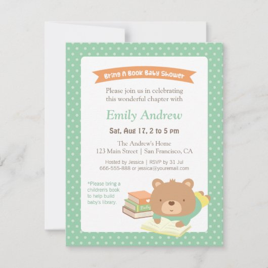 Invitation Cute Teddy Apportez un livre Baby shower neutre po (Devant)
