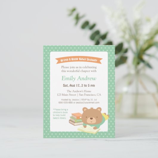 Invitation Cute Teddy Apportez un livre Baby shower neutre po (Debout devant)