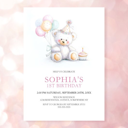 Invitation Cute Teddy Bear 1st Birthday Party